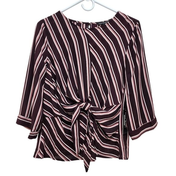 Haute Monde Womens Striped Burgundy Pink Tie Front Blouse Top 3/4 Sleeves Size M - Picture 1 of 10